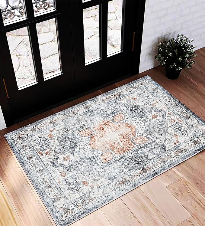 Area Rug 2x3 Washable Rug Door Mat Vintage Distressed Doormat Indoor Entrance Traditional Thin Floral Print Non Slip Carpet for Kitchen Bathroom Bedroom Living Room-CubbioJoy