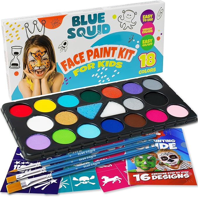 Blue Squid Face Painting Kit for Kids – 18 Colors Kids Face Paint Kit Palette with Stencils & Guided Tutorial, Water Activated Non Toxic Washable Professional Facepaint body set Halloween Party Makeup-CubbioJoy