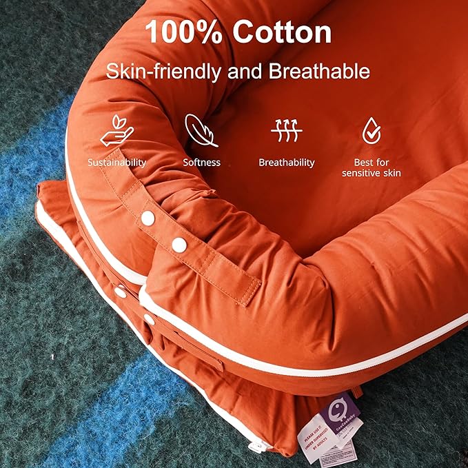 Deluxe Infant Lounger, Baby Nest Cover for Baby Girls & Boys, Newborn Essentials for Baby 0-12 Months, 100% Cotton (Gingerbread)-CubbioJoy