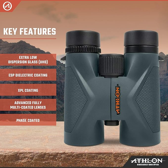 Athlon Optics 8x42 Midas UHD Gray Binoculars with ED Glass for Adults and Kids, High-Powered Binoculars for Hunting, Birdwatching, and More-CubbioJoy