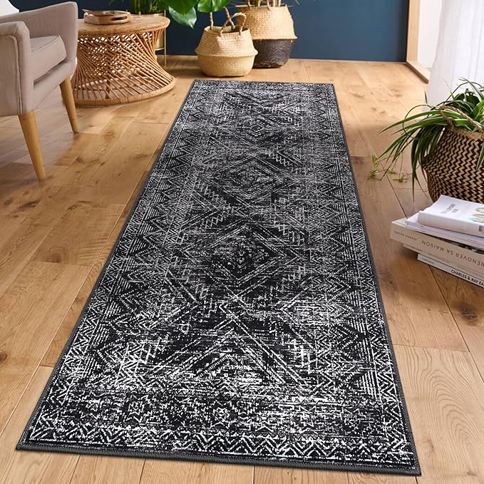 COZYLOOM Rug Runners 2x8 Washable for Hallway Vintage Non Slip Area Rug Geometric Soft Throw Rugs Low Pile Stain Resistant Carpet for Office Dining Room Living Room, Black-CubbioJoy