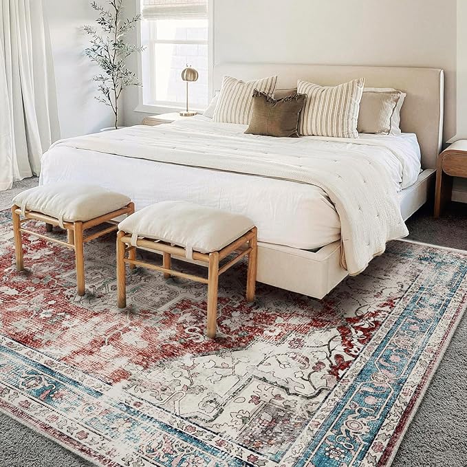 Area Washable Rug 5'x7' Red Blue Washable Vintage Traditional Floor Cover Thin Rug Retro Kitchen Indoor Distressed Non Slip Carpet Floral Print Mat Living Room Bedroom Dining Room-CubbioJoy