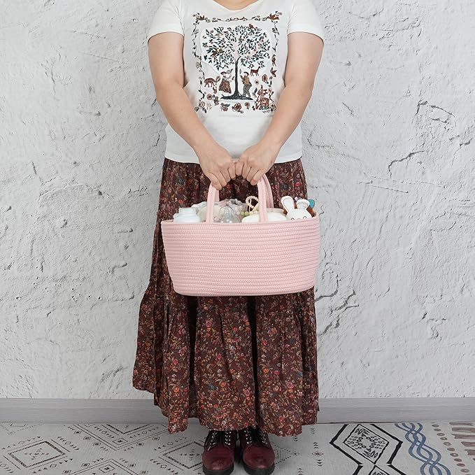 Diaper Caddy Organizer Cotton Rope Baby Basket Nursery Storage and Portable Tote Bag for Car Ideal Baby Shower Gifts and Registry Must-Have for Newborn Essentials coral pink-CubbioJoy