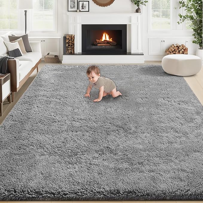 8x10 Area Rug for Living Room: Fluffy Shag Soft Washable Rugs Large Fuzzy Plush Indoor Carpet for Bedroom Nursery Playroom Kids Girls Boys Room (Grey, 8'x10')-CubbioJoy