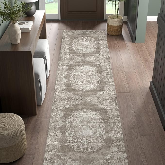 jinchan Hallway Runner Rug 2x10 Vintage Floral Distressed Design - Machine Washable Non-Slip Low-Pile Soft Thin Faux Wool Kitchen Carpet for Farmhouse Bedroom Laundry Room(2x10ft,Brown)-CubbioJoy