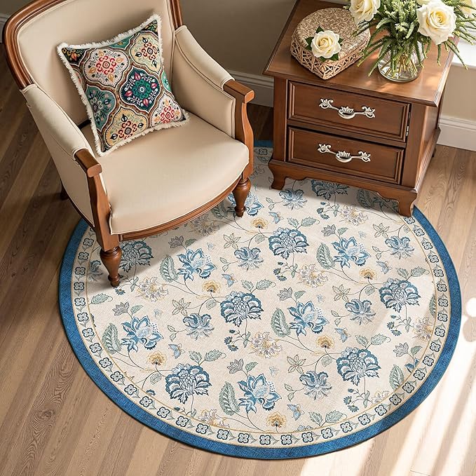 jinchan 4ft Floral Round Rug for Entryway Washable Kitchen Rug Vintage Romance Design Non Slip Indoor Doormat Lightweight Low-Profile Throw Carpet for Living Room Dining Room Bedroom, Blue/Beige-CubbioJoy