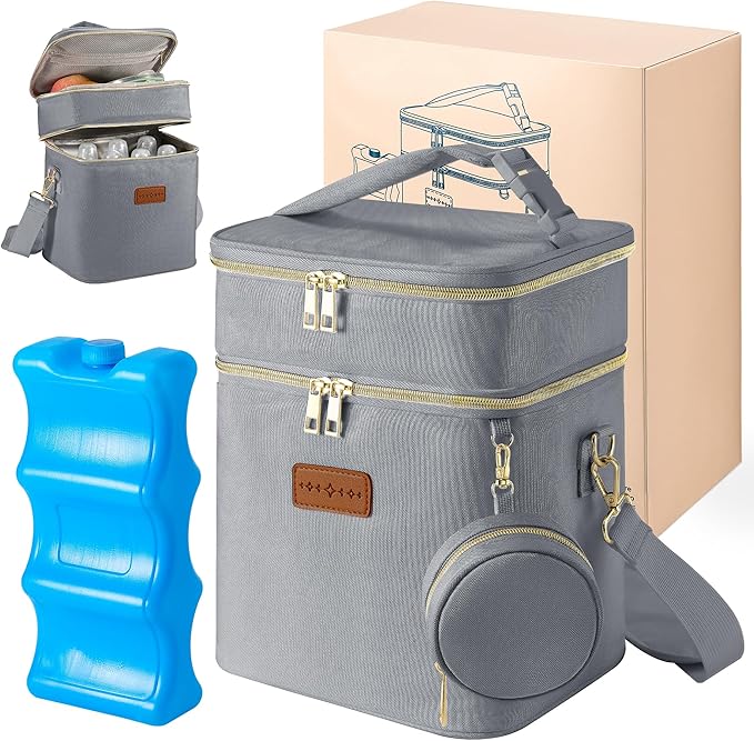 Breastmilk Cooler Bag with Ice Pack & Pacifier Case, Large Double Layer Insulated Baby Bottle Cooler Fits 6 Bottles, Breast Pump Storage Bag for Working Nursing Moms, with Gift Box-CubbioJoy