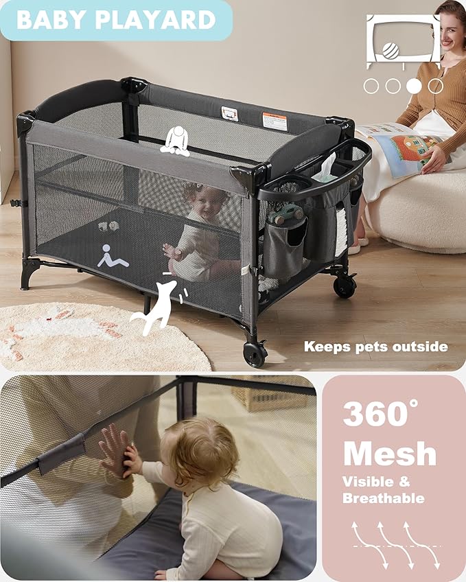 AirClub 4 in 1 Baby Bassinet Bedside Sleeper, 4 Functions Crib, Playard, Portable Changing Table, Bassinet for Newborn Baby, Bedsaide Bed w/Wheels&Brakes-CubbioJoy