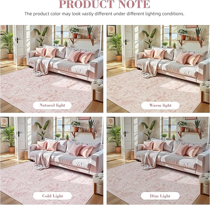 Deerly Pink Area Rugs 9x12 for Living Room Soft Non-Slip, Large Bedroom Rug Vintage Dining Room Rug Tribal Farmhouse Carpet for Dining Room Office Green-CubbioJoy