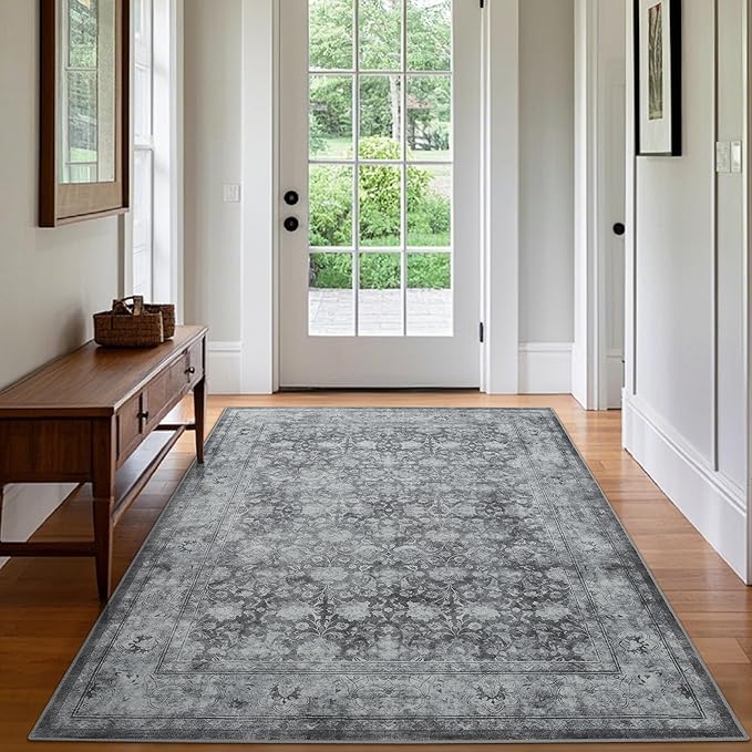 5x7 Washable Area Rug for Living Room, Non Slip Vintage Floral Rugs for Bedroom, Retro Indoor Floor Carpet for Kitchen, Dining Room, Farmhouse, Classroom (Distressed Grey)-CubbioJoy