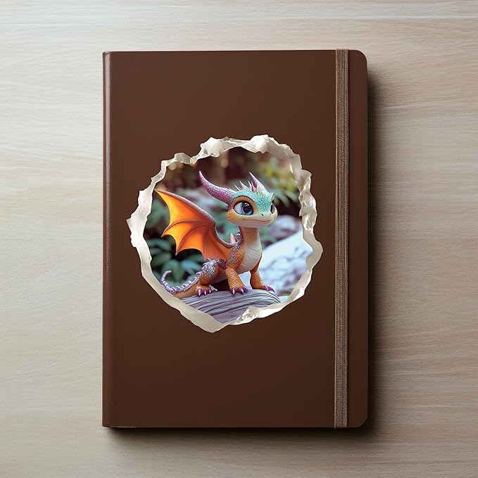 Baby Dragon 3D Wall Decal – Cute Fantasy Sticker with Torn Wall Effect – 4.7W x 4.5H inches-CubbioJoy