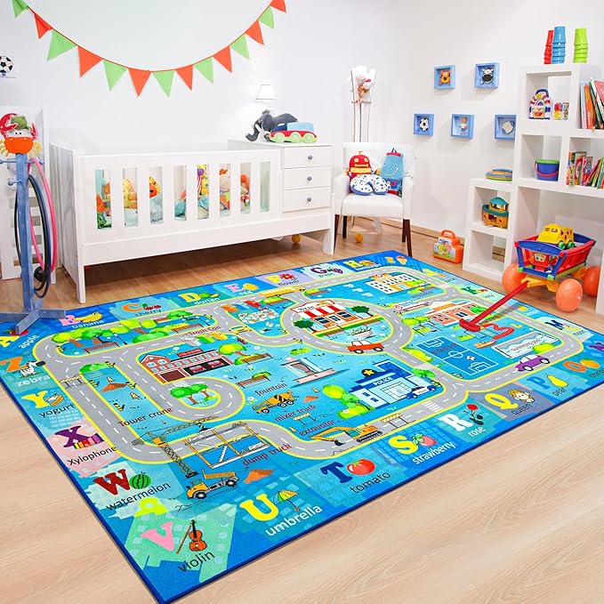 Chicrug 6x9 Car Road Area Rug for Kids Playroom Bedroom, Non Slip Low Pile Washable ABC Alphabet Carpet for Classroom, City Track Play Mat for Toddler Children Nursery Baby Room Decor, Blue-CubbioJoy