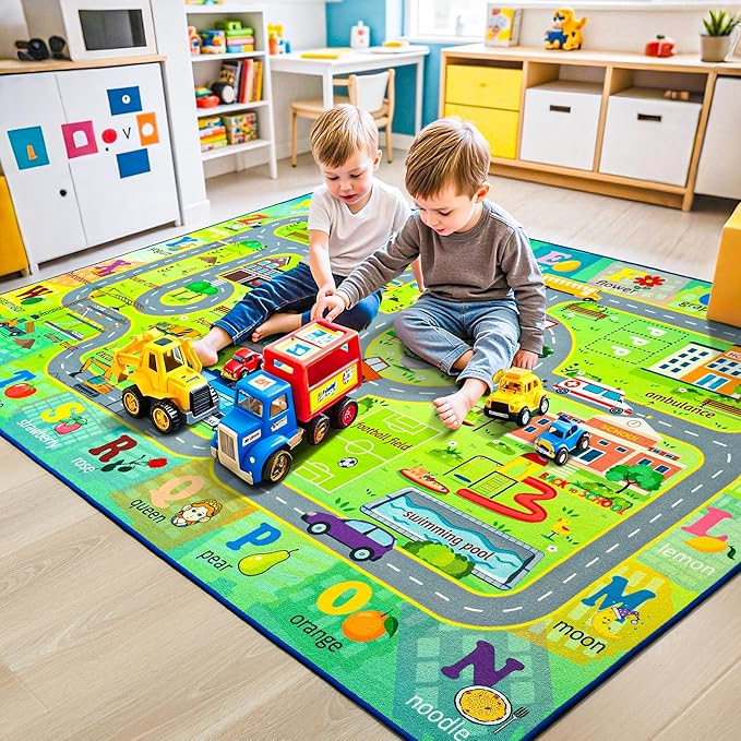 Chicrug 5x8 Car Road Area Rug for Kids Playroom Bedroom, Non Slip Low Pile Washable ABC Alphabet Carpet for Classroom, City Track Play Mat for Toddler Children Nursery Baby Room Decor, Green-CubbioJoy