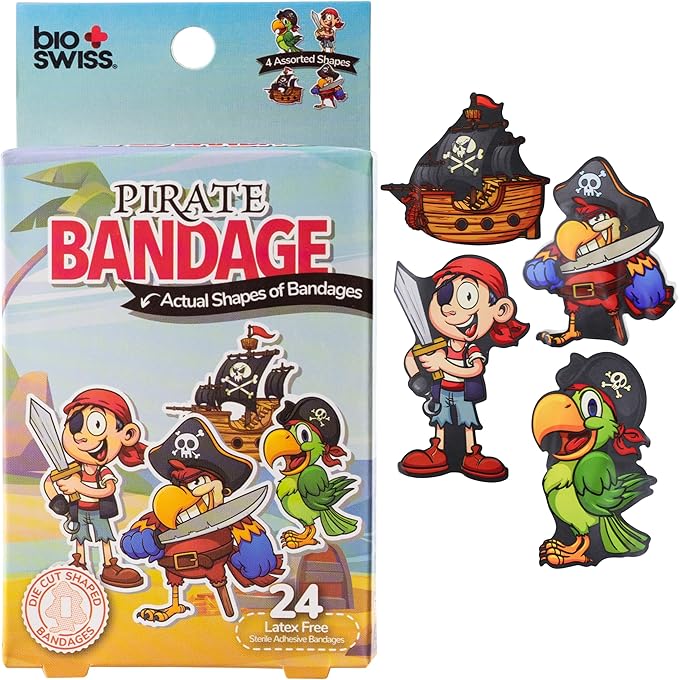 BioSwiss Bandages, Pirate Shaped Self Adhesive Bandage, Latex Free Sterile Wound Care, Fun First Aid Kit Supplies for Kids and Adults, 24 Count-CubbioJoy