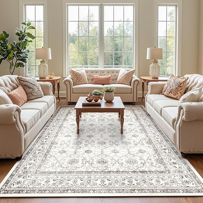 jinchan Floral 6x9 Area Rugs for Living Room - Machine Washable Vintage Distressed Boho Design Throw Rug Stain Resistant Carpet Low-Pile Thin Non-Slip for Bedroom Dining Room Nursery (6‘x9',Beige)-CubbioJoy