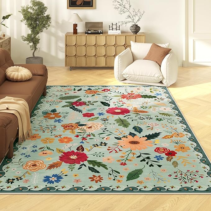 5x7 Washable Rug for Living Room, Green Floral Area Rug, Non Slip Low Pile Soft Flower Carpet, Large Rugs for Bedroom, Dining Room, Office, Kids Playroom, Nursery, Sage Green-CubbioJoy