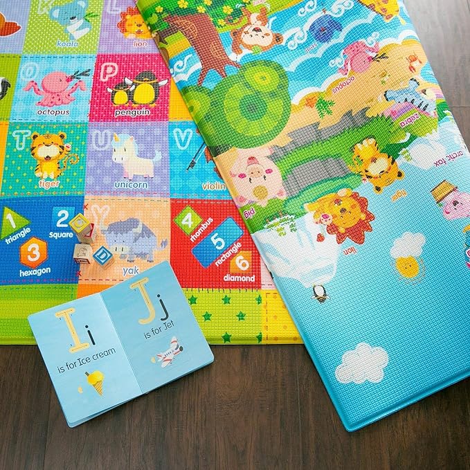 Baby Care Play Mat (Medium, Playful - Pinko & Friend) 73’’ x 49’’ Original One-Piece Reversible Rollable Waterproof Play Mat for Infants, Babies, Toddler, and Kids-CubbioJoy