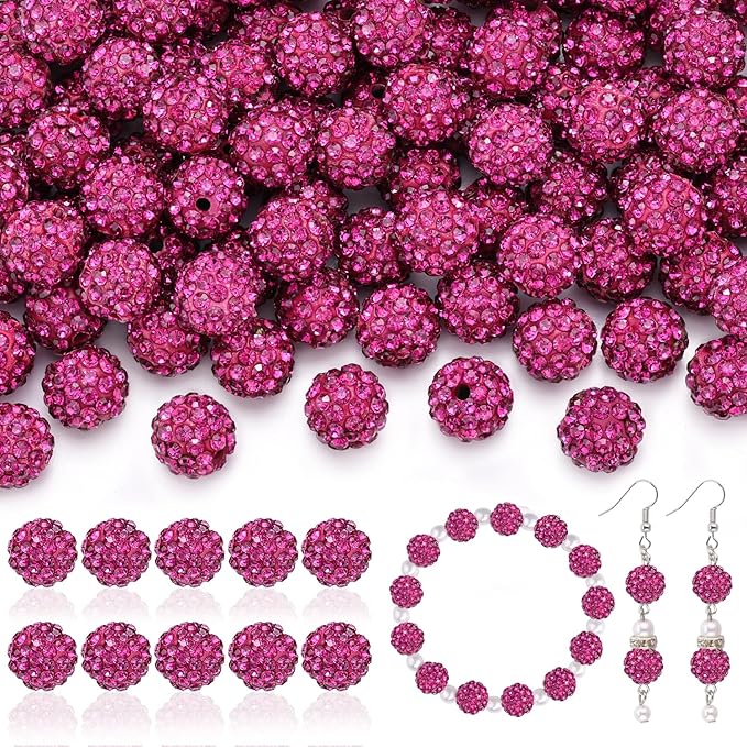 200pcs 10mm Rhinestone Beads for Jewelry Making, Fuchsia Shiny Round Disco Ball Beads Bulk, Sparkle Crystal Clay Christmas for Bracelet Baseball Necklace Earring Crafting and DIY-CubbioJoy