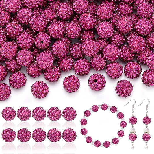 200pcs 10mm Rhinestone Beads for Jewelry Making, Fuchsia Shiny Round Disco Ball Beads Bulk, Sparkle Crystal Clay Christmas for Bracelet Baseball Necklace Earring Crafting and DIY-CubbioJoy