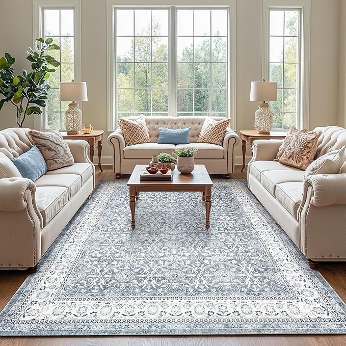 jinchan Floral 9x12 Area Rugs for Living Room - Machine Washable Vintage Distressed Boho Design Soft Throw Rug Large Carpet Low-Pile Thin Non-Slip for Bedroom Dining Room Nursery (9‘x12',Grey)-CubbioJoy