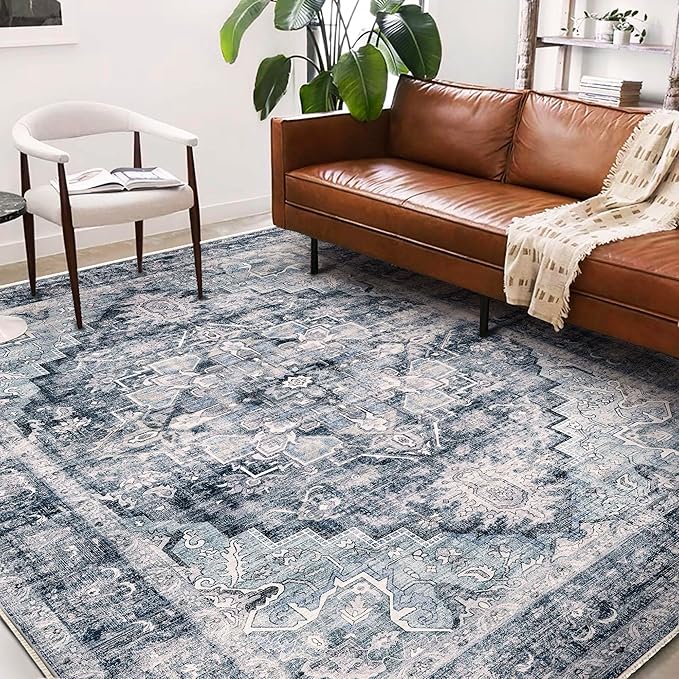 Area Rug 6'x9' Dark Blue Washable Vintage Traditional Floor Cover Thin Retro Kitchen Indoor Distressed Non Slip Carpet for Living Room Bedroom Dining Room-CubbioJoy