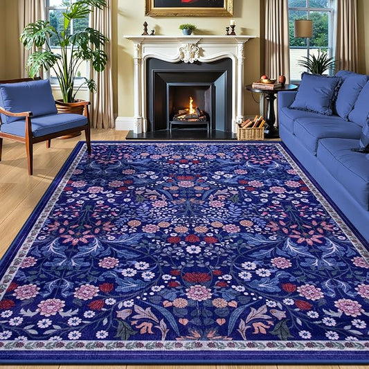 8x10 Area Rugs for Living Room: Floral Washable Rug Vintage Large Soft Boho Non-Slip Carpet Indoor Floor Stain Resistant Carpets for Bedroom Dining Room Farmhouse Nursery Home Office Blue-CubbioJoy