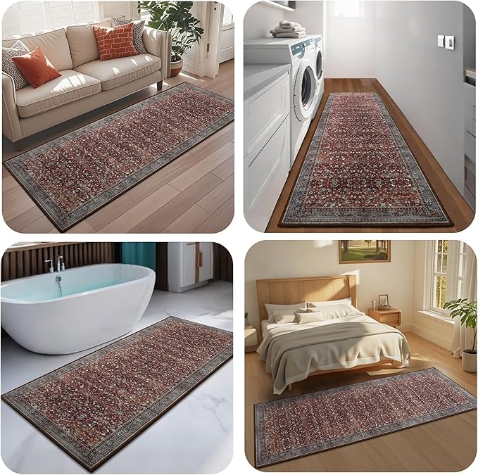 2x6 Washable Kitchen Runner Rug for Hallways, Non Slip Laundry Runners for Bathroom, Low Pile Rubber Backed Rugs for Entryway, Vintage Floral Carpet for Living Room Bedroom Brick Red-CubbioJoy