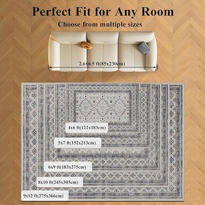 9x12 Area Rug Living Room Rugs, Stain Resistant Washable Rug, Vintage Large Non-Slip Backing, Low Pile Lightweight Print Rug for Bedroom Dinning Room Home Office (White Cream/Gray)-CubbioJoy