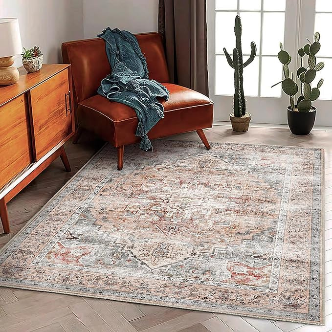 Area Rug 5'x7' Light Cyan and Light red Washable Rug Vintage Traditional Floor Cover Thin Retro Kitchen Indoor Distressed Non Slip Carpet for Living Room Bedroom Dining Room-CubbioJoy