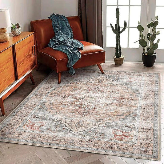Area Rug 5'x7' Light Cyan and Light red Washable Rug Vintage Traditional Floor Cover Thin Retro Kitchen Indoor Distressed Non Slip Carpet for Living Room Bedroom Dining Room-CubbioJoy