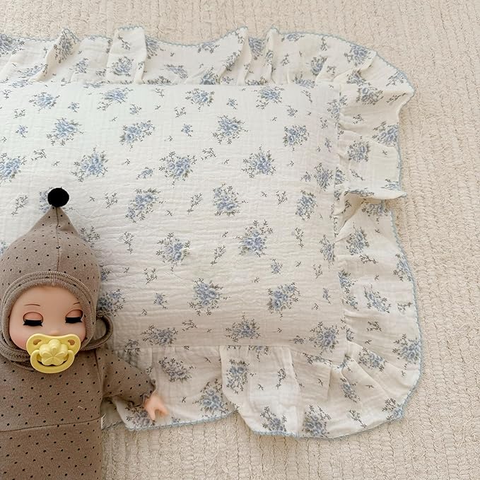 BuLuTu Cotton Muslin Toddler Pillowcases with Blue Flowers Print Soft Breathable Gauze Small Pillow Case for Toddler Boys Girls Nursery Decor, Shower Gift, 14"x20", 1 pc-CubbioJoy