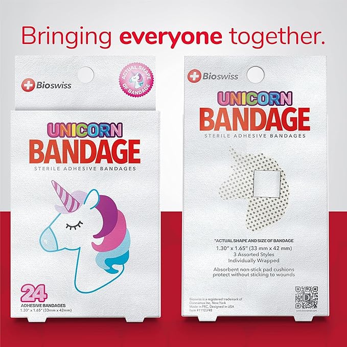 BioSwiss Bandages, Unicorn Shaped Self Adhesive Bandage, Latex Free Sterile Wound Care, Fun First Aid Kit Supplies for Kids, 24 Count-CubbioJoy