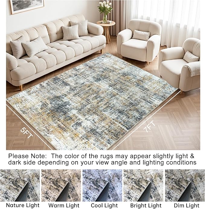 Area Rug Living Room Rugs: 5x7 Abstract Washable Rugs Ultra Soft Carpets with Non-Slip Backing Stain Resistant Carpet for Dining Room Table Bedroom Nursery Indoor Home Office Brown/Gray-CubbioJoy