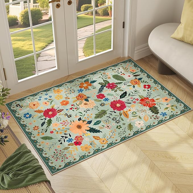3x5 Area Rug, Floral Green Washable Rug for Entryway, Non Slip Flower Area Rugs, Soft Low Pile Indoor Doormat Small Carpet, Rugs for Living Room Bedroom Nursery Kitchen Dining Room, Sage Green-CubbioJoy