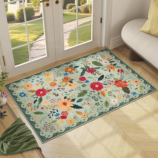 3x5 Area Rug, Floral Green Washable Rug for Entryway, Non Slip Flower Area Rugs, Soft Low Pile Indoor Doormat Small Carpet, Rugs for Living Room Bedroom Nursery Kitchen Dining Room, Sage Green-CubbioJoy
