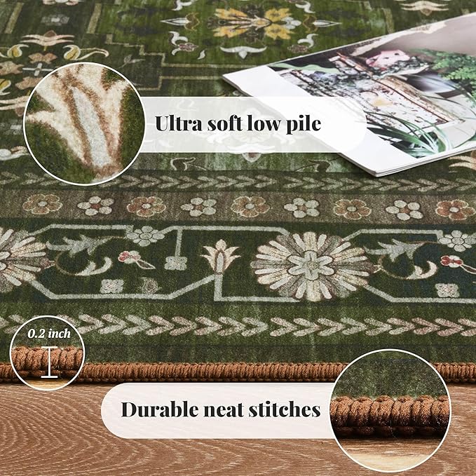5x7 Washable Area Rug for Living Room Dining Room, Distressed Non Slip Vintage Floral Rugs for Bedroom, Traditional Indoor Floor Carpet for Dining Kitchen Farmhouse Dark Green-CubbioJoy