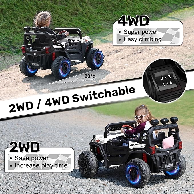 ANPABO 24V 4X4 Ride on Car Truck w/Remote Control, 4WD/2WD Switchable Kids UTV, 19" Spacious Seat, 4 Shock Absorbers, Soft Start, Music Player, Electric Car for Kids Ages 3+(White)-CubbioJoy
