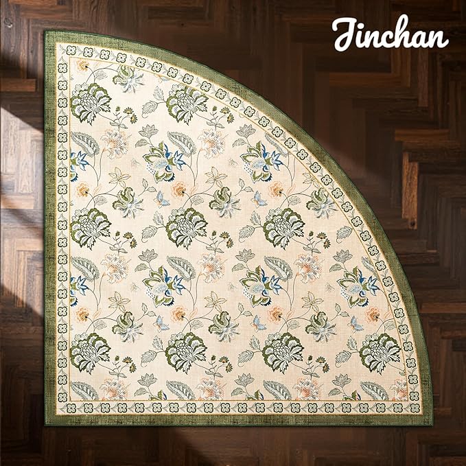 jinchan Floral Corner Rug for Living Room Washable Bedroom Rug Vintage Romance Design Non Slip Quarter Circle Lightweight Low-Pile Throw Carpet for Reading Nook Playroom,8ft Radius, Green/Beige-CubbioJoy