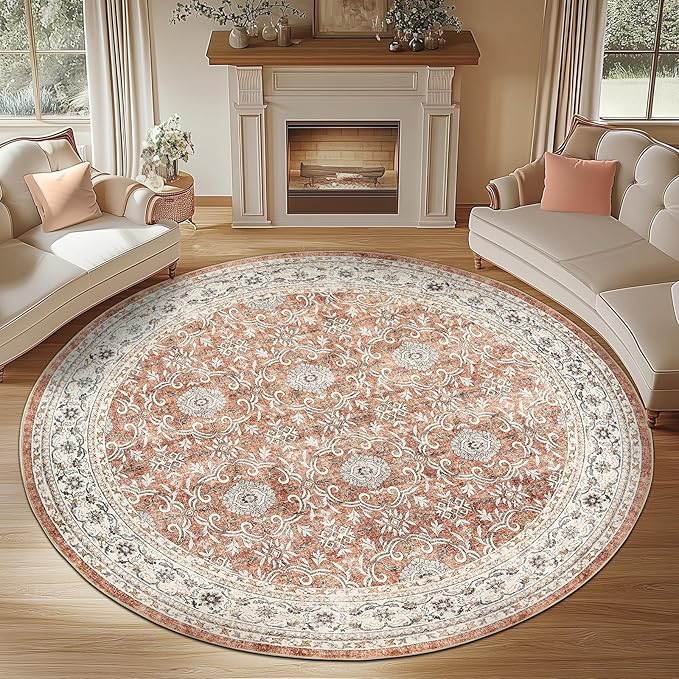 jinchan Round Rug 7ft Washable Circle Soft Rug - Low Pile Vintage 7'Round Indoor Orange Floral Print Stain Resistant Boho Carpet Ultra-Thin Non-Slip for Living Room Bedroom Dining Room Kitchen-CubbioJoy