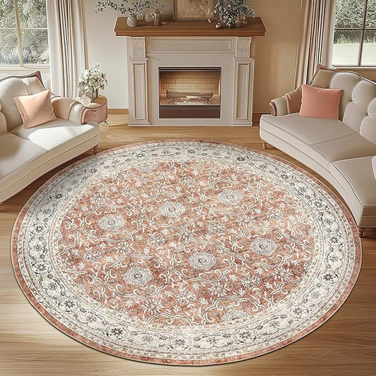 jinchan Round Rug 7ft Washable Circle Soft Rug - Low Pile Vintage 7'Round Indoor Orange Floral Print Stain Resistant Boho Carpet Ultra-Thin Non-Slip for Living Room Bedroom Dining Room Kitchen-CubbioJoy