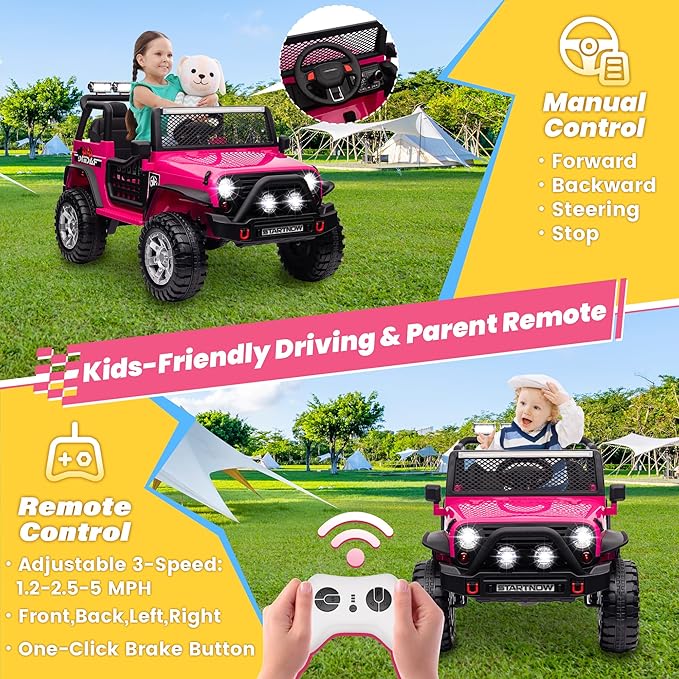 24V 4WD Ride on Truck Car w/800W Motors, Gift Flower, Remote Control, 2 Seaters, Light Bar, 3 Speeds, Pop Music, Power Four Wheels, 24 Volt Ride on Toy Car for Big Kids, Rose Red-CubbioJoy