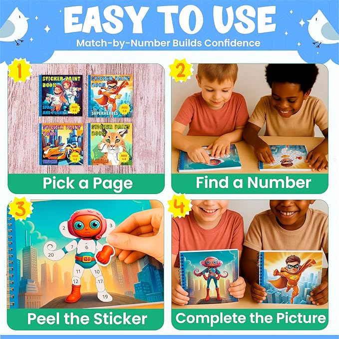 BulbaCraft 4Pcs Sticker Paint Books for Boys - Sticker Books by Number with Superheroes, Trucks, Animals and Space - Coloring Activity for Kids-CubbioJoy