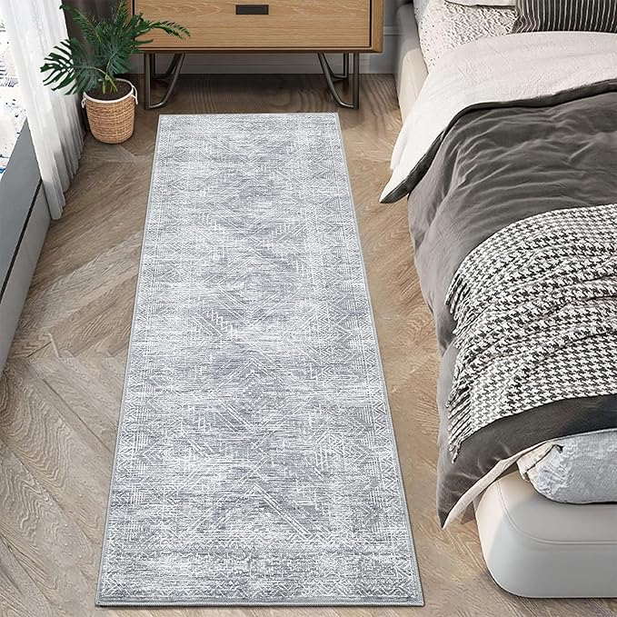 COZYLOOM 2x8 Runner Rug for Living Room, Kitchen Modern Washable Distressed Accent Carpet with Non-Slip Backing, Ultra-Soft Contemporary Geometric Floor Mat, Bedroom, Grey-CubbioJoy