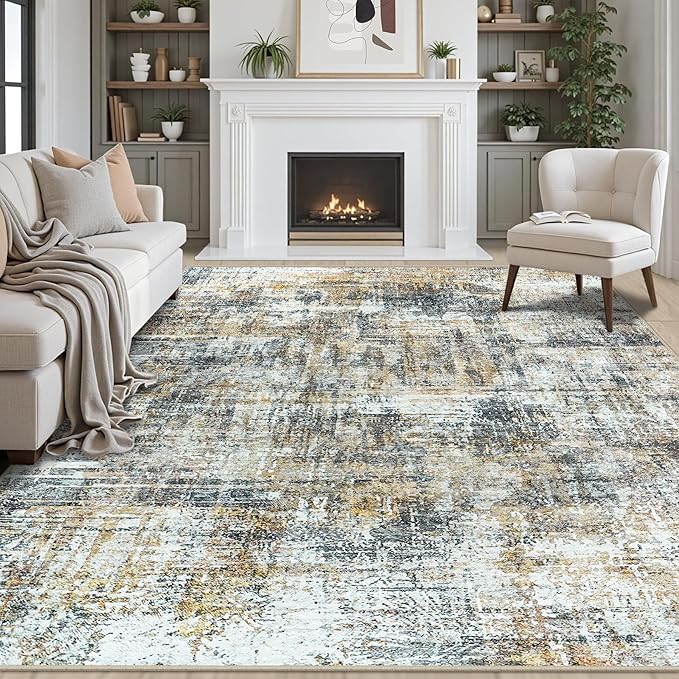 Area Rugs 8x10 Living Room Rugs: Modern Abstract Washable Rug with Non-Slip Backing, Stain Resistant Indoor Floor Large Carpet for Bedroom Dining Room Table Nursery Hallway Home Office Brown/Gray-CubbioJoy