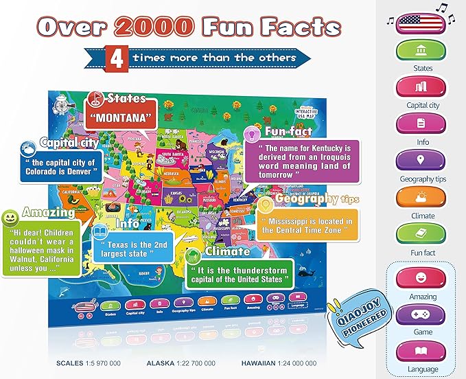Bilingual Interactive for Kids Talking USA Map for Kids Learning, Geography Toys Games Educational Electronic Map Christmas Personalized Gift/Toys for 4 5 6 7 8 9 10 Year Old Girls/Boys-CubbioJoy