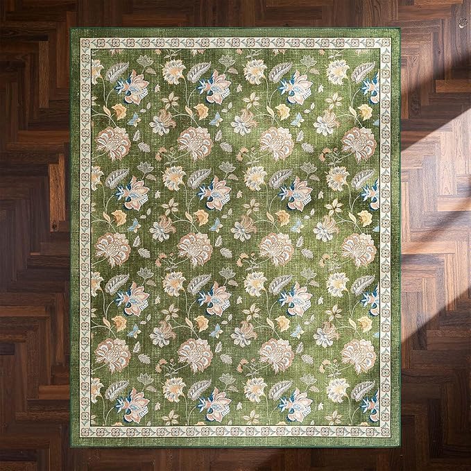 jinchan 8x10 Floral Rug for Living Room Washable Bedroom Rug Vintage Romance Design Non Slip Thin Indoor Floor Cover Large Low-Profile Throw Carpet for Dining Room Office, Green-CubbioJoy