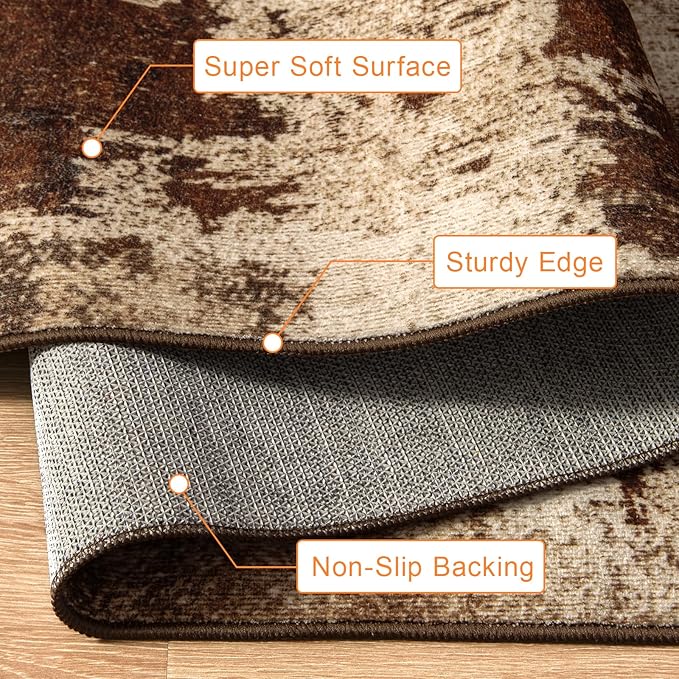 Kelarea 2x3 Brown Entryway Rug, Washable Abstract Small Rugs Non-Slip Low Pile Throw Rugs for Kitchen Floor, Front Door, Bedroom Bedside-CubbioJoy