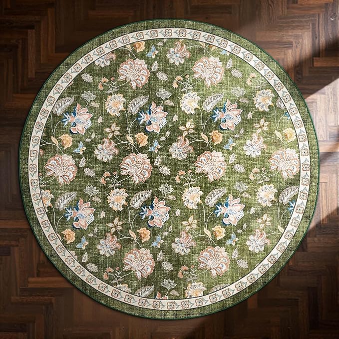 jinchan 6ft Floral Round Rug for Dining Room Washable Living Room Rug Vintage Romance Design Non Slip Indoor Floor Cover Lightweight Low-Profile Throw Carpet for Bedroom Porch Patio, Green-CubbioJoy