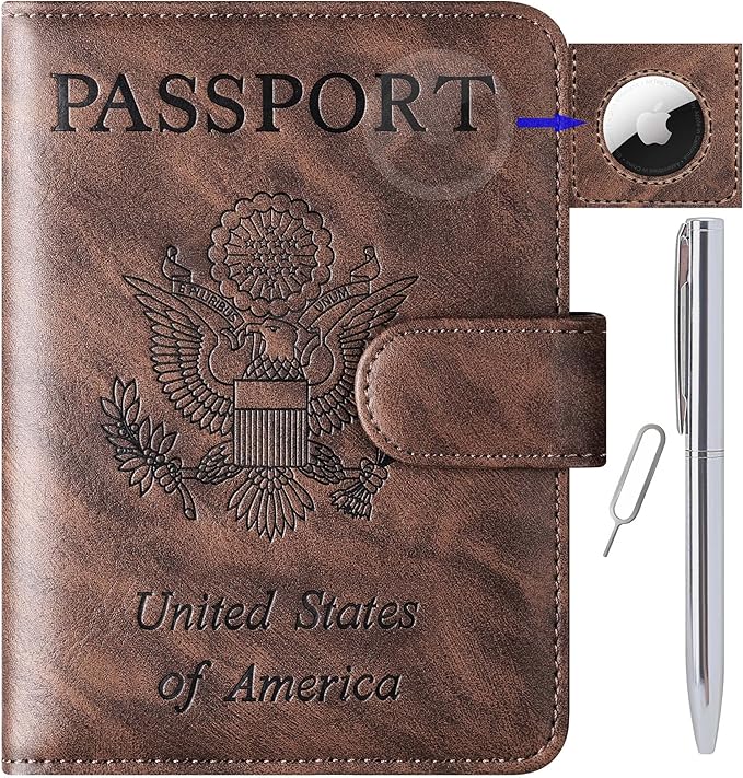 Airtag Passport Holder Cover Wallet Travel Essentials Leather Rfid Blocking Case Vacation Luggage Must Haves Travel Accessories for Men Women (117#Coffee)-CubbioJoy