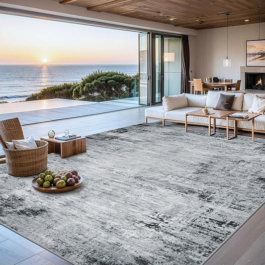 8x10 Area Rugs for Living Room - Washable Rug Modern Abstract Soft Large Neutral Non-Slip Carpet Indoor Floor Thin Carpets for Bedroom Dining Room Farmhouse Nursery Home Office Black-CubbioJoy